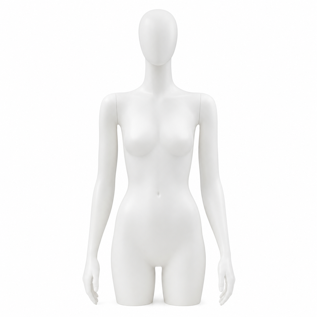 Frosted Female Torso Mannequin with Arms & Head - Black Base & Pole