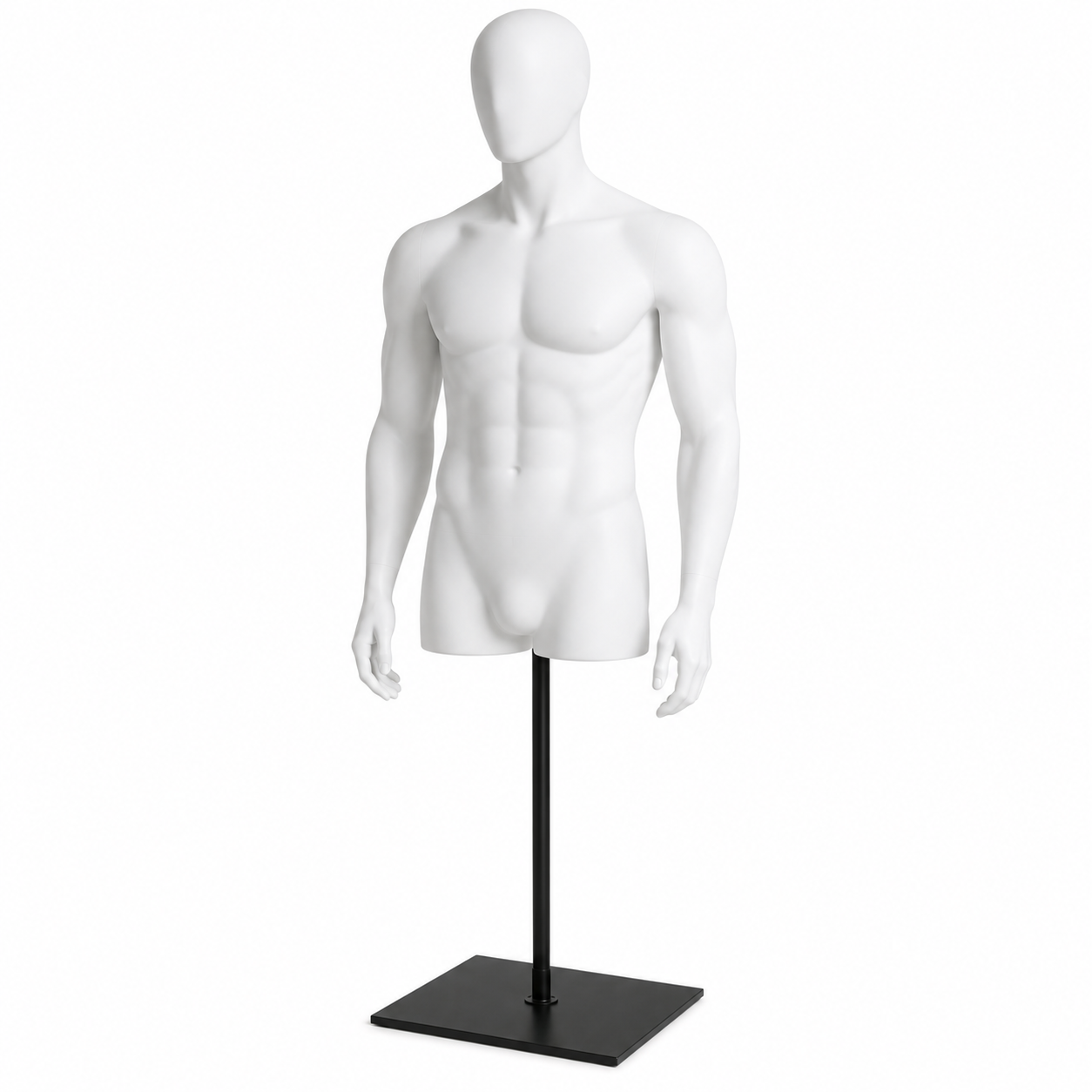 Male Torso Mannequin with Arms & Head - White with Black Base & Pole