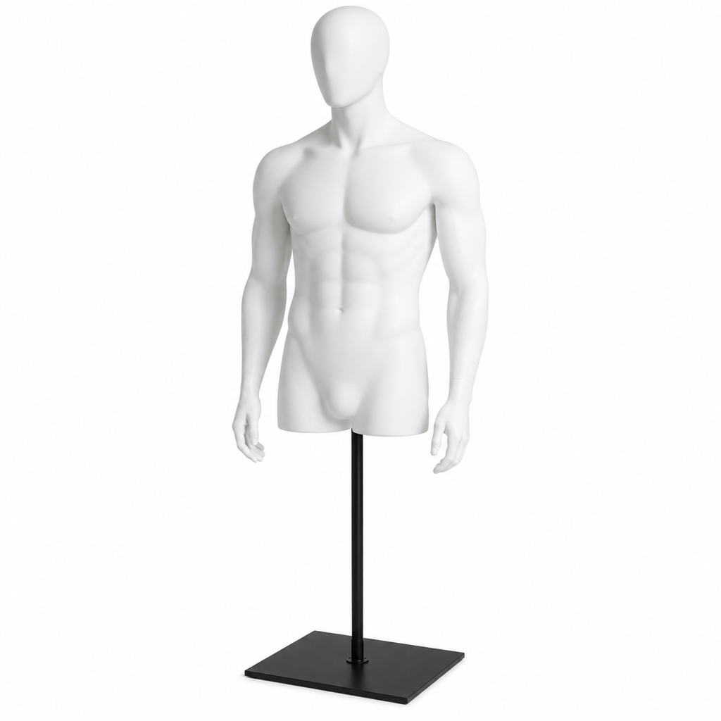 Male Torso Mannequin with Arms & Head - White with Black Base & Pole